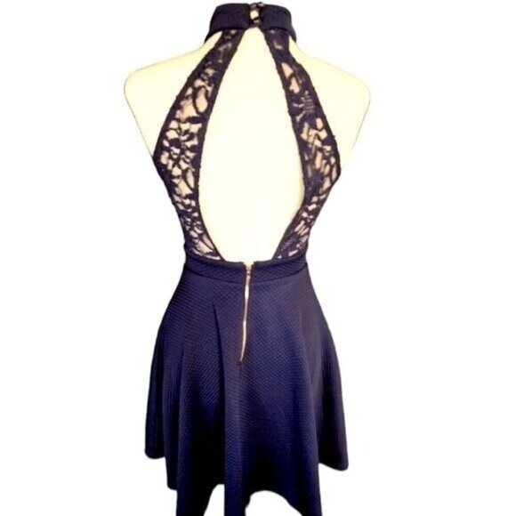 Altar'd State Black Textured Fit & Flare Halter Lace Back Skater Dress Small - Picture 6 of 11